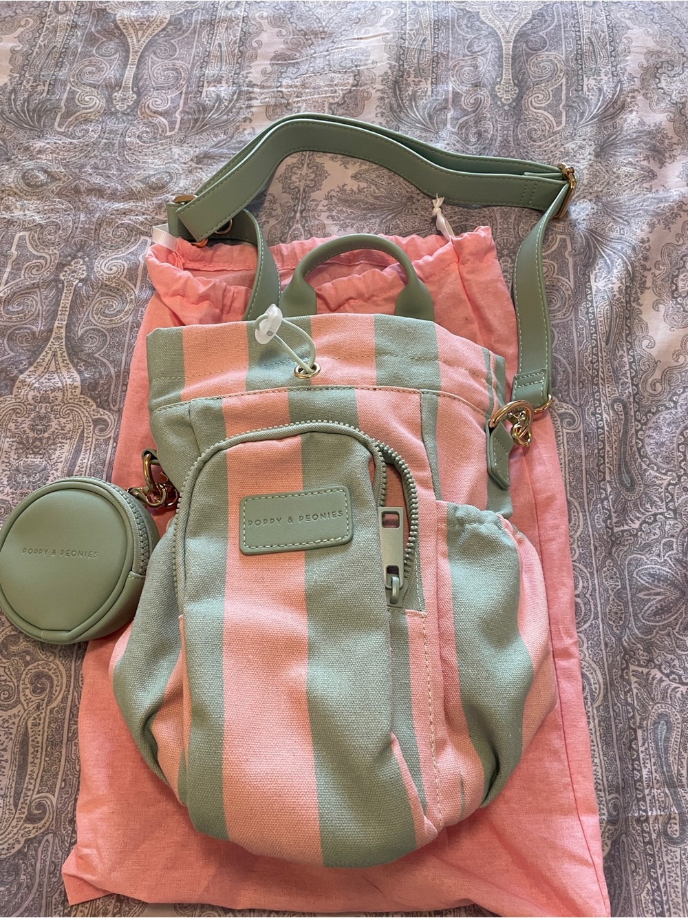 Poppy & Peonies Crossbody Bottle Holder Green & Pink Striped - New with dust bag